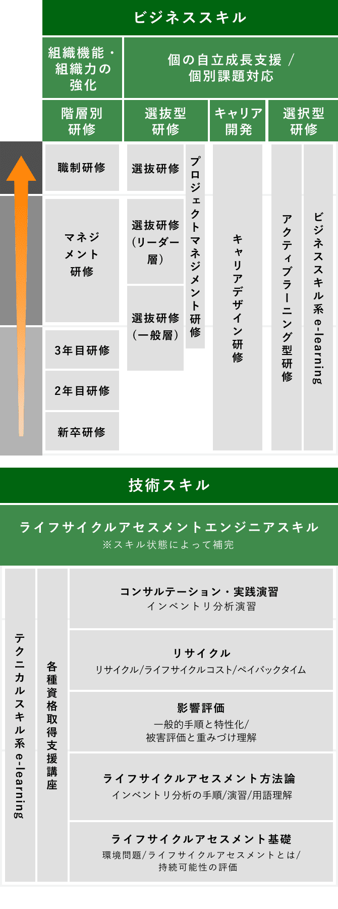 ライフサイクルアセスメントエンジニア キャリア形成研修図（ビジネススキル・技術スキル）