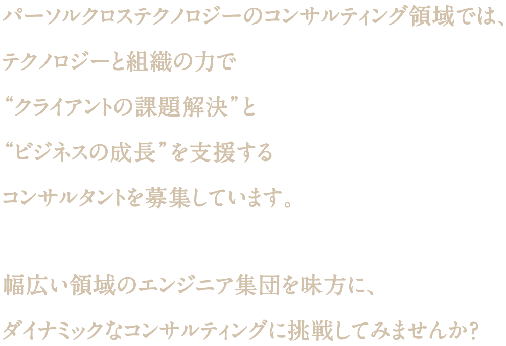 パーソルクロステクノロジーのコンサルティング領域では、テクノロジーと組織の力で"クライアントのビジネス課題の解決"とエンジニアの成長"を支援するコンサルタントを募集しています。幅広い領域のエンジニア集団を味方に、ダイナミックなコンサルティングに挑戦してみませんか？