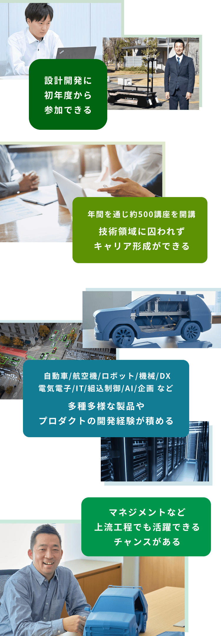 設計開発に初年度から参加できる 年間を通じ約500講座を開講 技術領域に囚われずキャリア形成ができる 自動車/航空機/ロボット/機械/DX電気電子/IT/組込制御/AI/企画 などマネジメントなど上流工程でも活躍できるチャンスがある 多種多様な製品やプロダクトの開発経験が積める