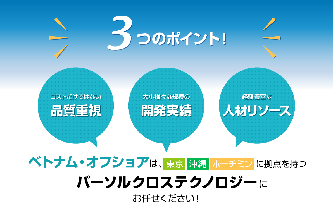 3つのポイント！コストだけではない品質重視、大小様々な規模の開発実績、経験豊富な人材リソース ベトナム・オフショアは東京沖縄ホーチミンに拠点を持つパーソルクロステクノロジーにお任せください！